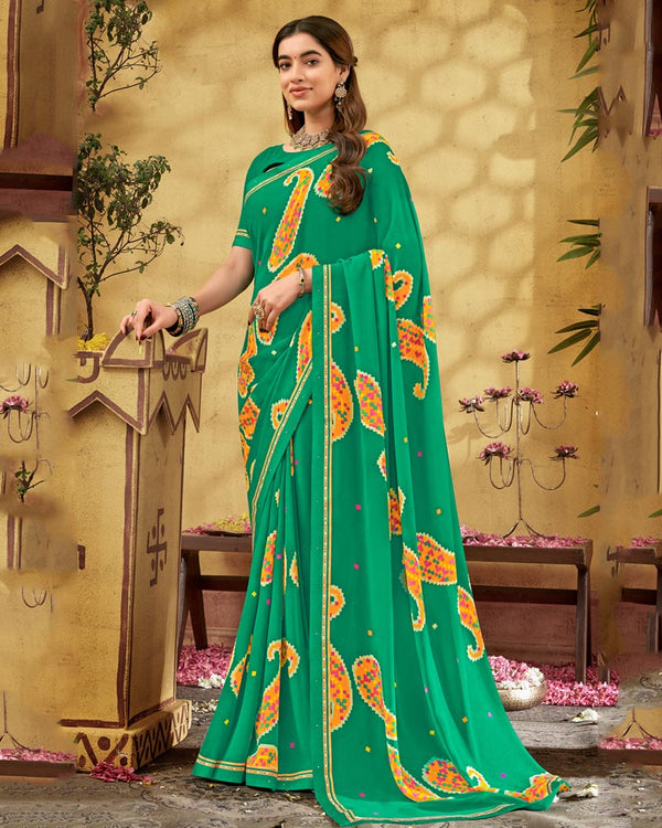 Vishal Prints Dark Green Printed Georgette Saree With Fancy Border