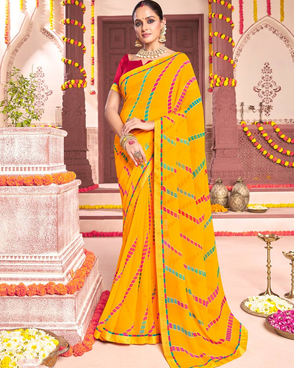 Vishal Prints Dark Yellow Printed Georgette Saree With Fancy Border