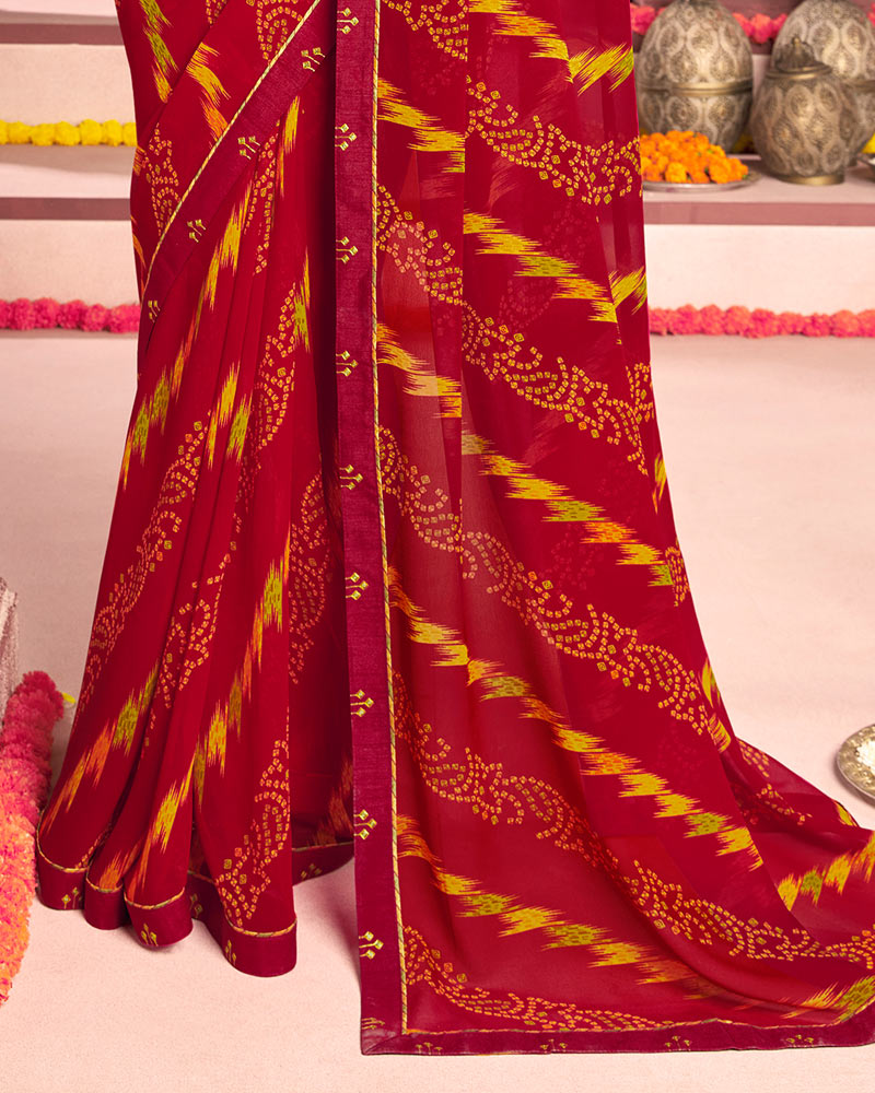 Vishal Prints Dark Red Printed Georgette Saree With Fancy Border