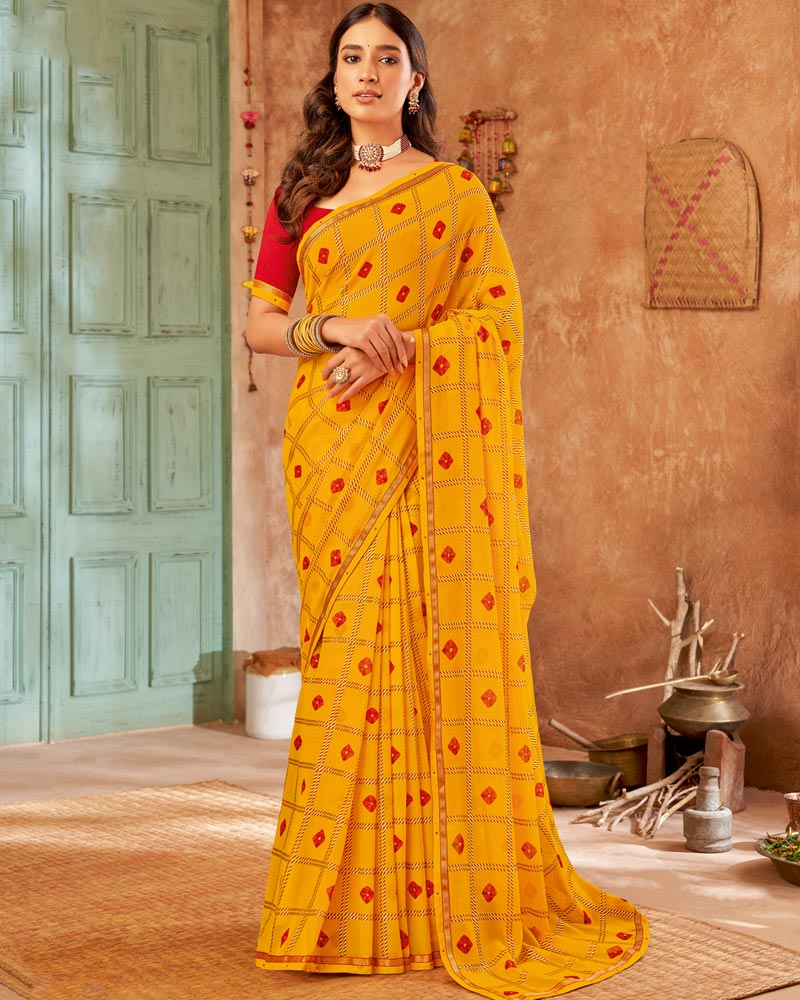 Vishal Prints Dark Yellow Printed Georgette Saree With Fancy Border