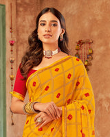 Vishal Prints Dark Yellow Printed Georgette Saree With Fancy Border