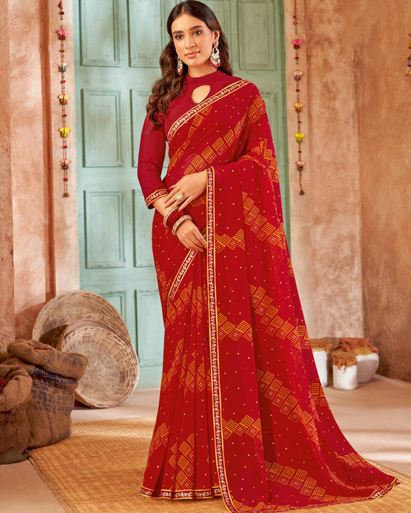 Vishal Prints Dark Red Printed Georgette Saree With Fancy Border