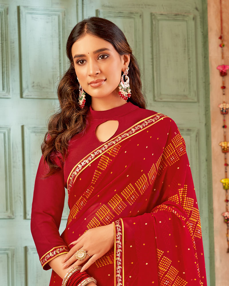 Vishal Prints Dark Red Printed Georgette Saree With Fancy Border