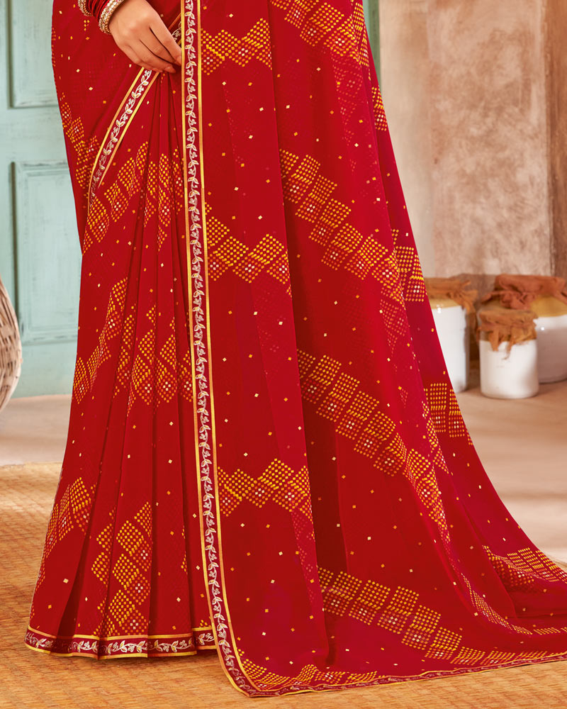 Vishal Prints Dark Red Printed Georgette Saree With Fancy Border