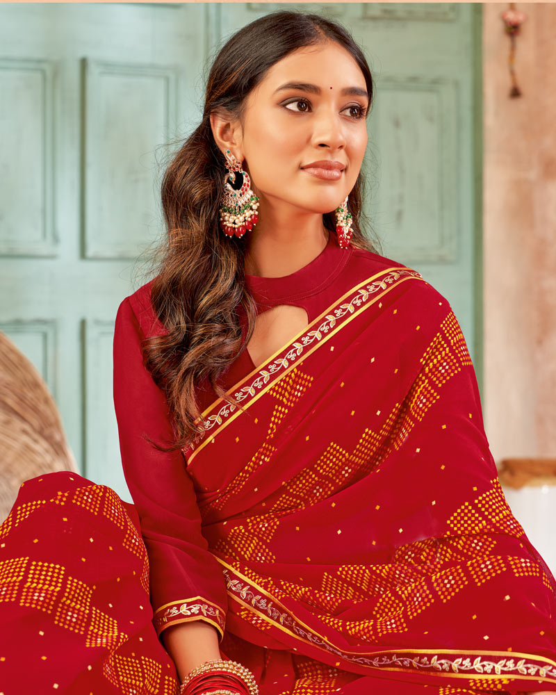 Vishal Prints Dark Red Printed Georgette Saree With Fancy Border