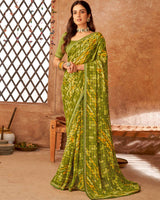 Vishal Prints Mehandi Green Printed Georgette Saree With Fancy Border