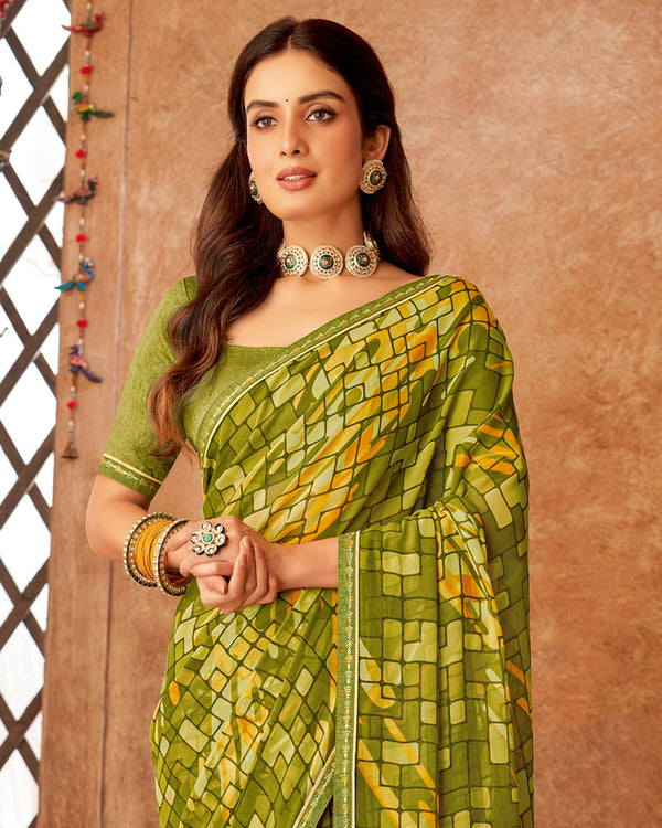 Vishal Prints Mehandi Green Printed Georgette Saree With Fancy Border