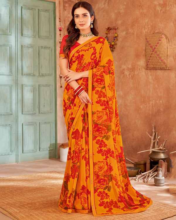 Vishal Prints Orange Printed Georgette Saree With Fancy Border