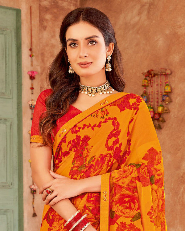 Vishal Prints Orange Printed Georgette Saree With Fancy Border