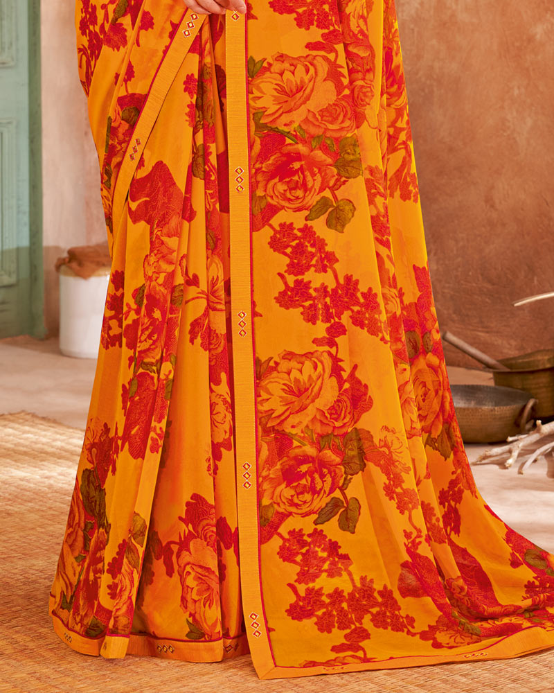 Vishal Prints Orange Printed Georgette Saree With Fancy Border