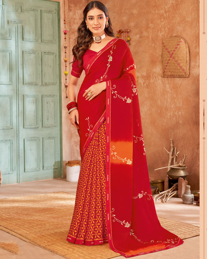 Vishal Prints Cherry Red Printed Georgette Saree With Foil Print And Fancy Border