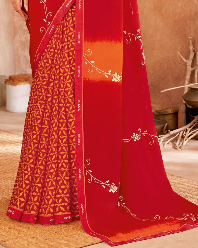 Vishal Prints Cherry Red Printed Georgette Saree With Foil Print And Fancy Border