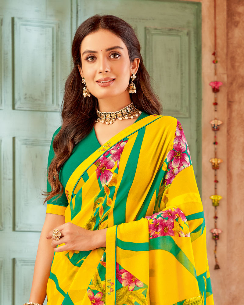 Vishal Prints Golden Yellow Printed Georgette Saree With Fancy Border