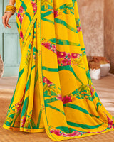 Vishal Prints Golden Yellow Printed Georgette Saree With Fancy Border