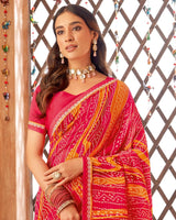 Vishal Prints Red Pink Printed Georgette Saree With Fancy Border