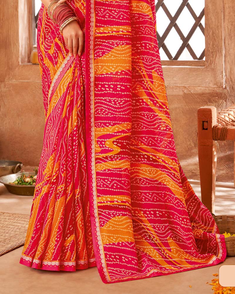 Vishal Prints Red Pink Printed Georgette Saree With Fancy Border