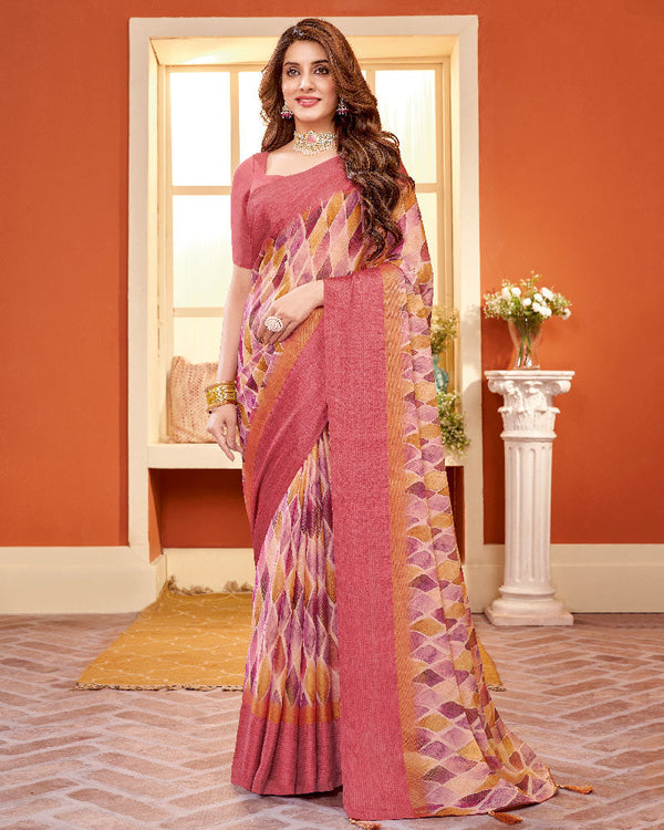 Vishal Prints Cherry Pink Digital Print Brasso Saree With Tassel