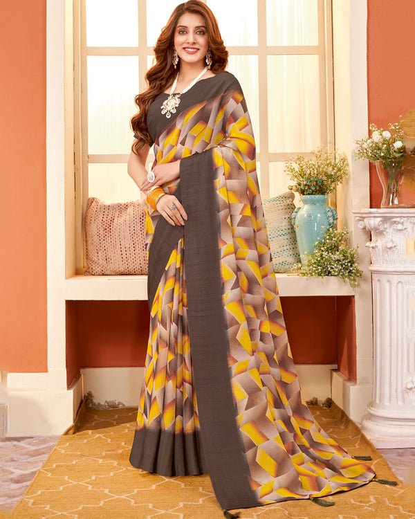 Vishal Prints Kabul Brown Digital Print Brasso Saree With Tassel