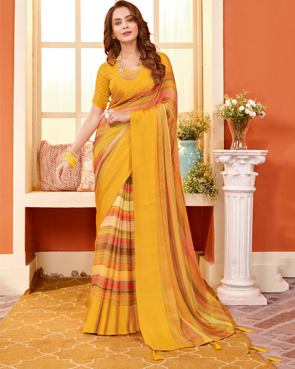 Vishal Prints Dark Yellow Digital Print Brasso Saree With Tassel