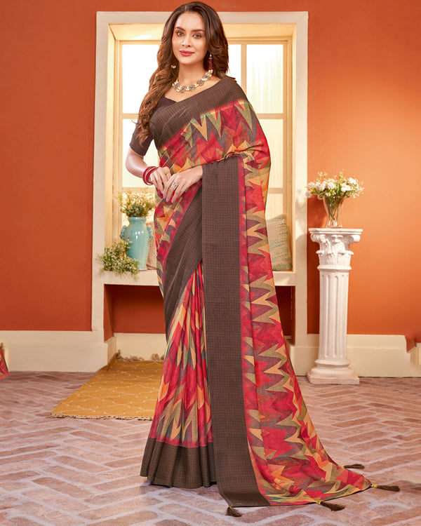 Vishal Prints Millbrook Brown Digital Print Brasso Saree With Tassel