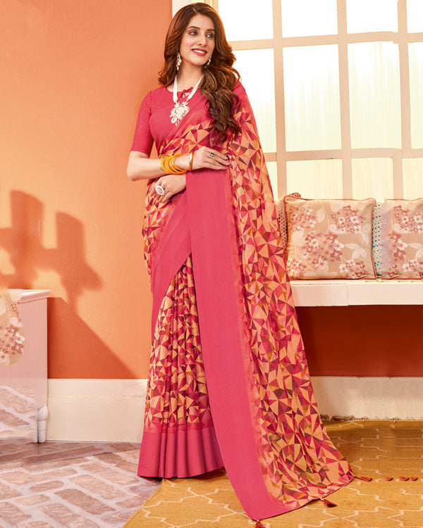 Vishal Prints Mandy Pink Digital Print Brasso Saree With Tassel