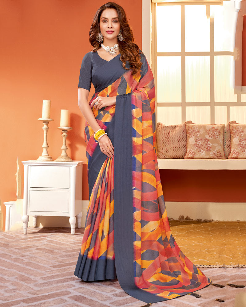 Vishal Prints Grey Digital Print Brasso Saree With Tassel