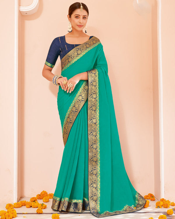 Vishal Prints Aqua Green Chiffon Saree With Zari Border