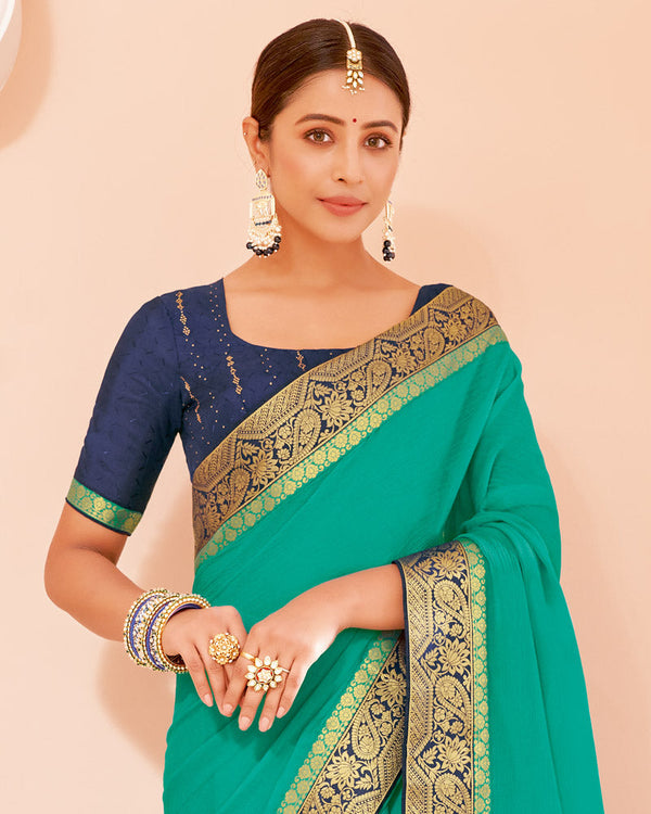 Vishal Prints Aqua Green Chiffon Saree With Zari Border