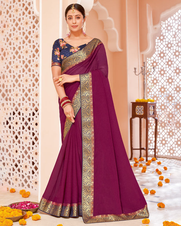 Vishal Prints Wine Chiffon Saree With Zari Border