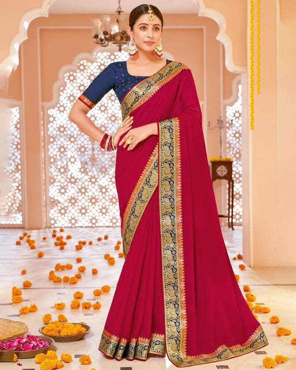 Vishal Prints Burgundy Chiffon Saree With Zari Border