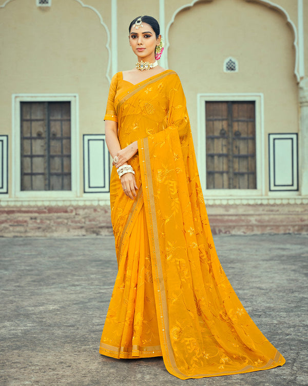 Vishal Prints Dark Yellow Georgette Saree With Embroidery Work And Border