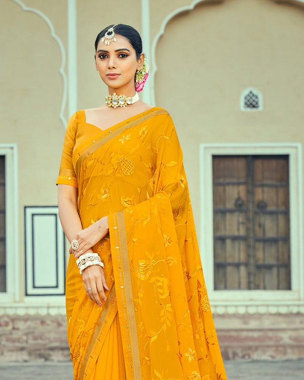 Vishal Prints Dark Yellow Georgette Saree With Embroidery Work And Border