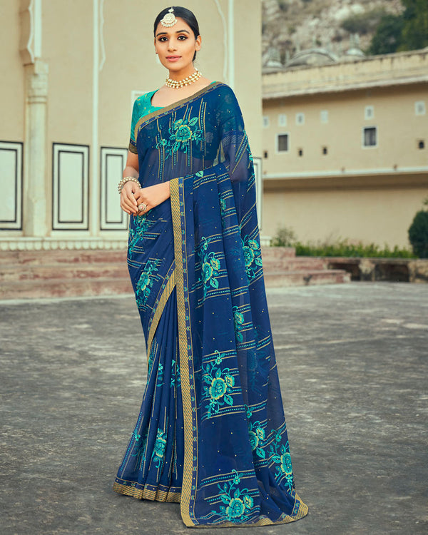 Vishal Prints Ink Blue Georgette Saree With Embroidery Work And Border