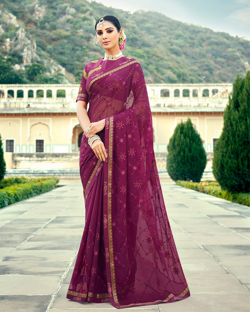 Vishal Prints Wine Georgette Saree With Embroidery Work And Border