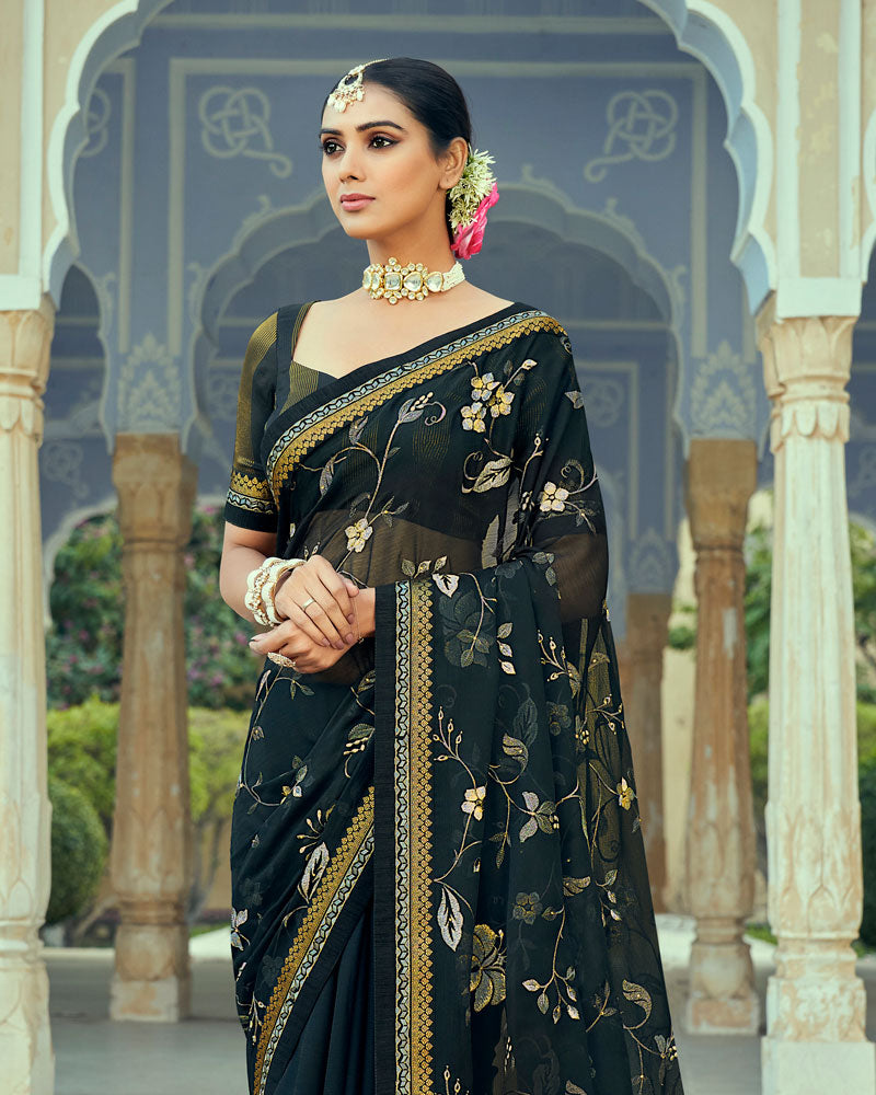 Vishal Prints Black Georgette Saree With Embroidery Work And Border