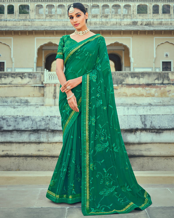 Vishal Prints Dark Sea Green Georgette Saree With Embroidery Work And Border