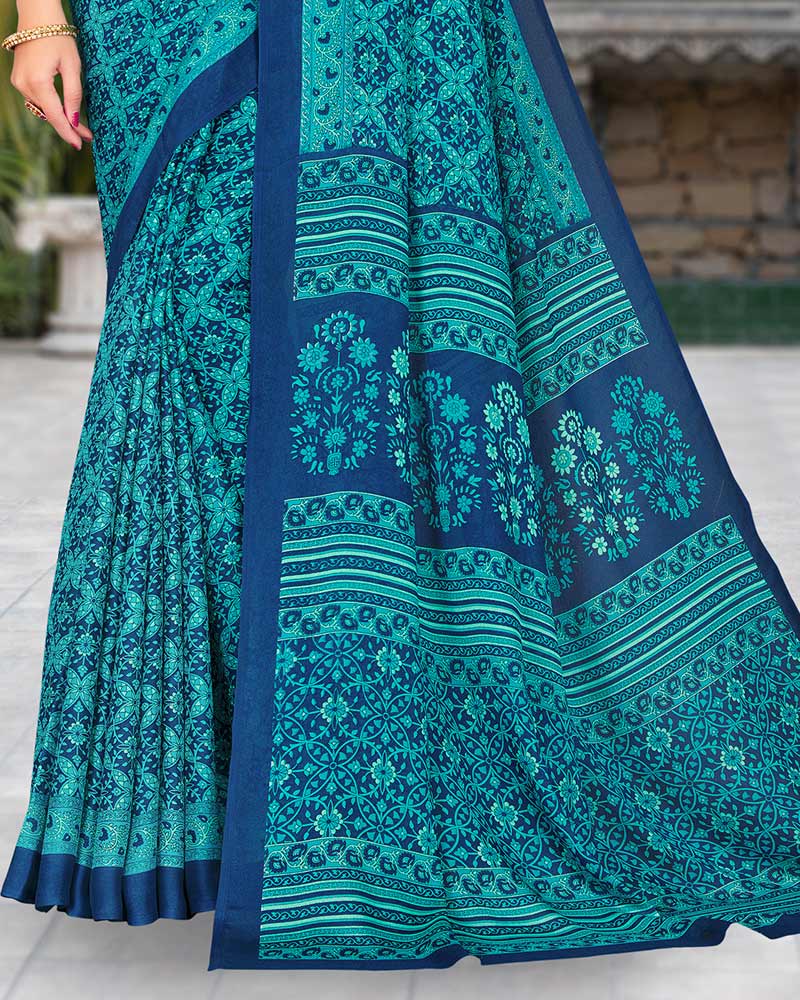 Vishal Prints Dark Turquoise Blue Printed Criva Moss Saree