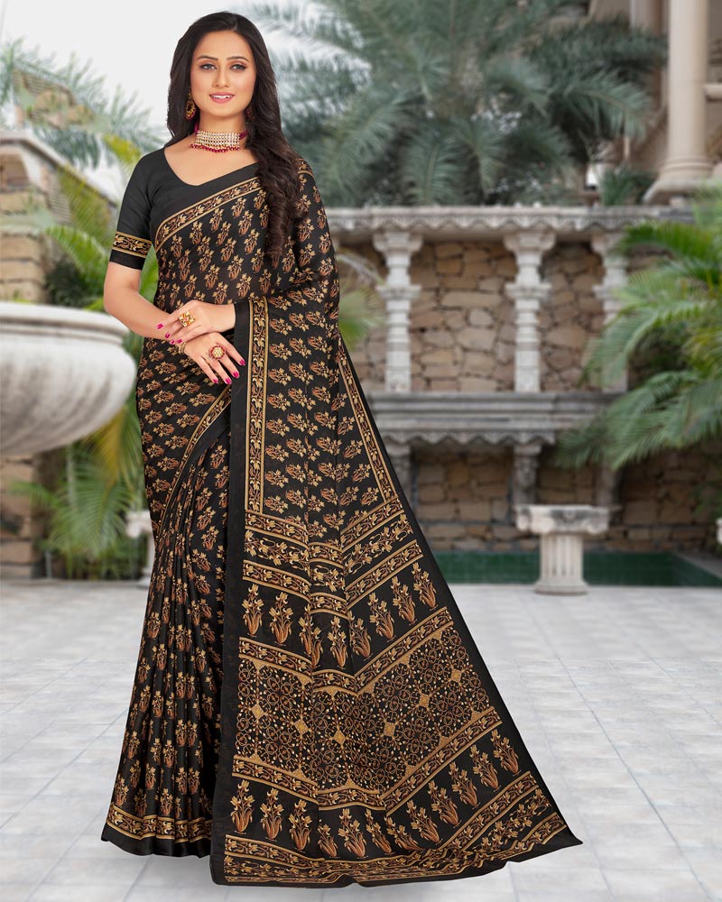 Vishal Prints Black Printed Criva Moss Saree