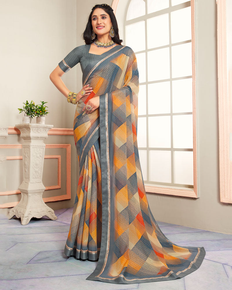 Vishal Prints Charcoal Grey Digital Print Moss Chiffon Saree With Fancy Border