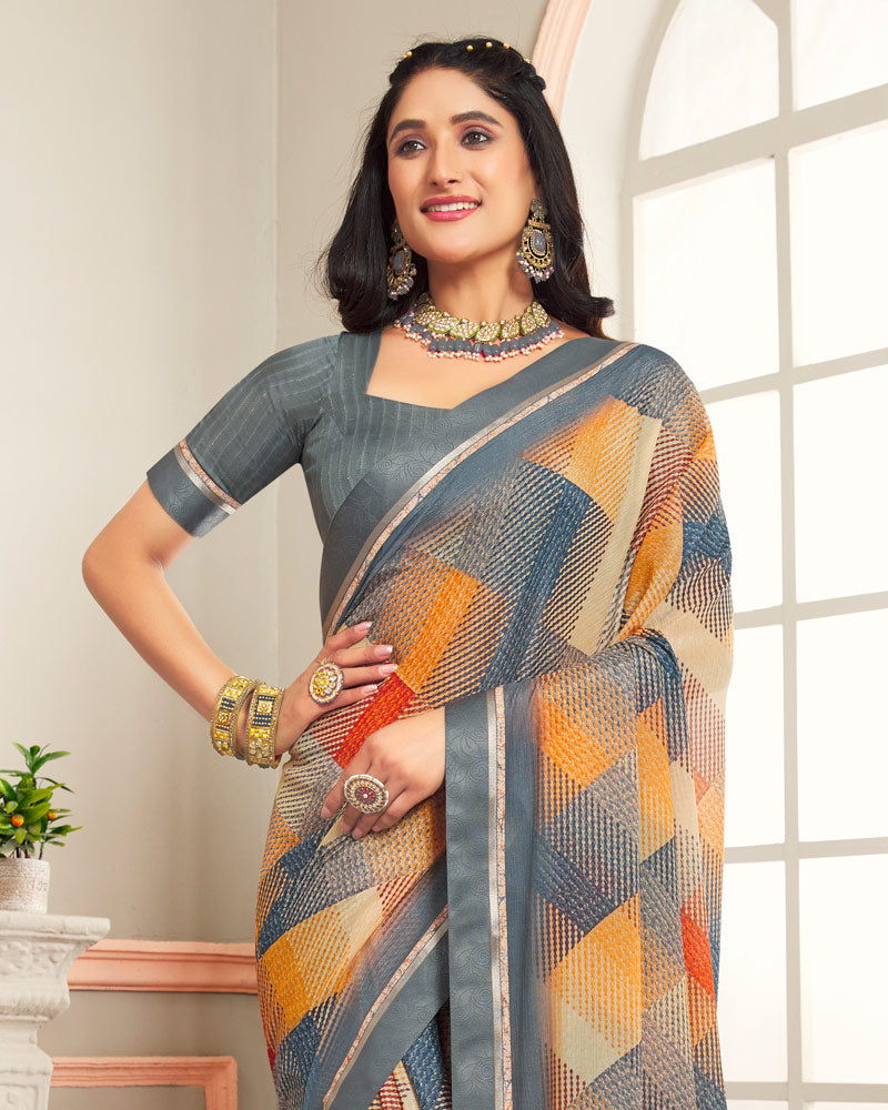 Vishal Prints Charcoal Grey Digital Print Moss Chiffon Saree With Fancy Border