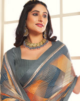 Vishal Prints Charcoal Grey Digital Print Moss Chiffon Saree With Fancy Border