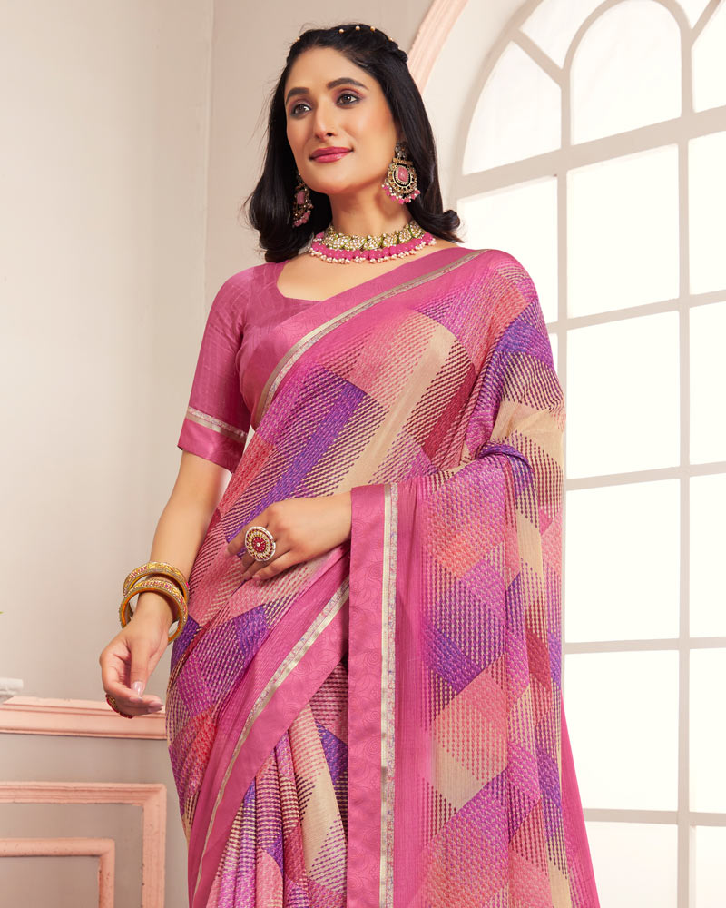 Vishal Prints Blush Pink Digital Print Moss Chiffon Saree With Fancy Border