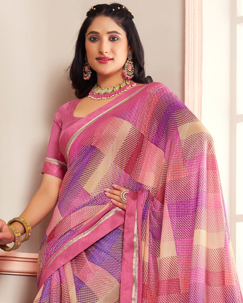 Vishal Prints Blush Pink Digital Print Moss Chiffon Saree With Fancy Border