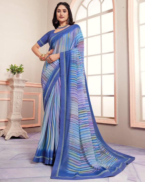 Vishal Prints Astronaut Blue Digital Print Moss Chiffon Saree With Fancy Border