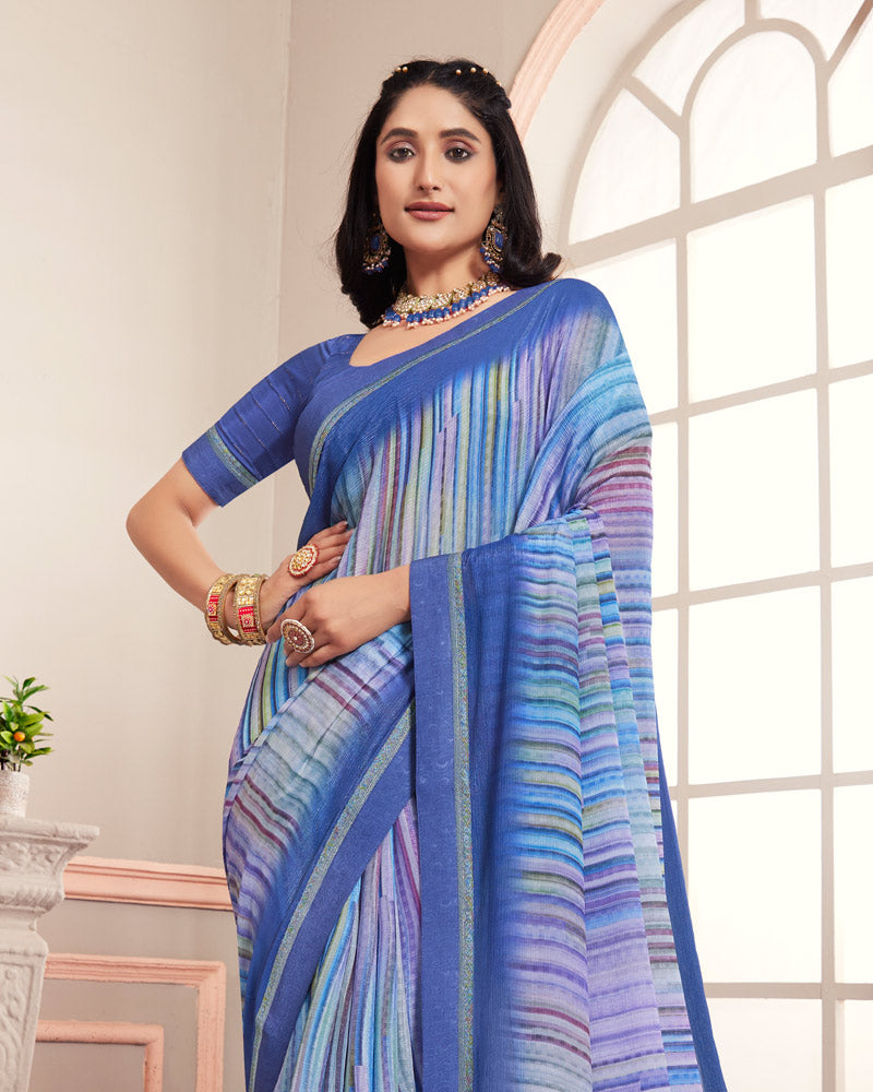 Vishal Prints Astronaut Blue Digital Print Moss Chiffon Saree With Fancy Border