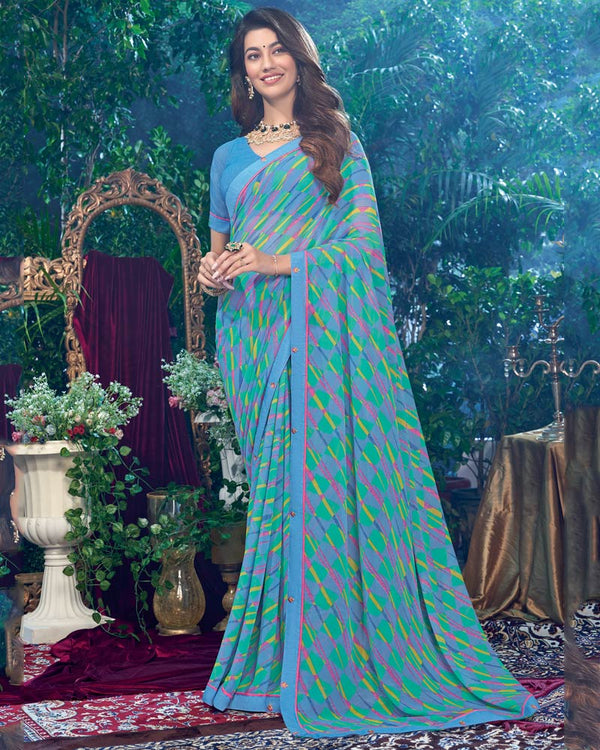 Vishal Prints Steel Blue Printed Georgette Saree With Fancy Border