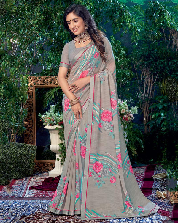 Vishal Prints Sand Grey Printed Georgette Saree With Fancy Border