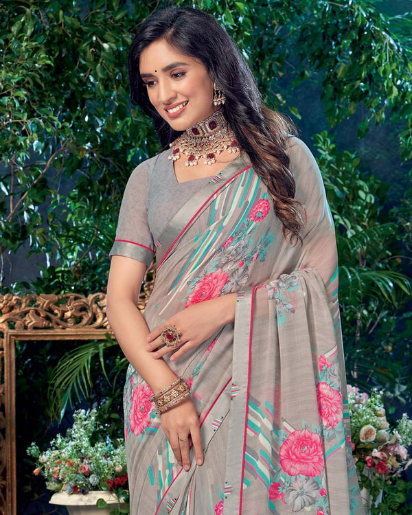 Vishal Prints Sand Grey Printed Georgette Saree With Fancy Border