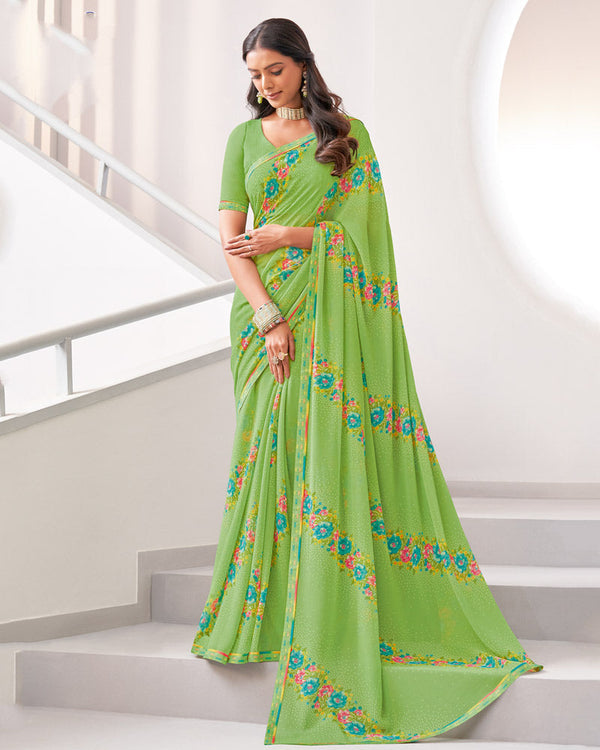 Vishal Prints Chelsea Cucumber Green Printed Georgette Saree With Fancy Border