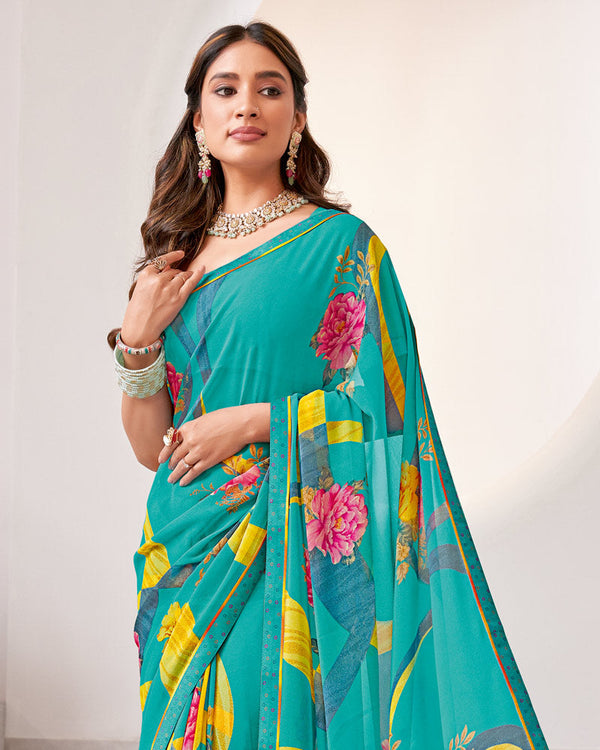 Vishal Prints Pastel Teal Green Printed Georgette Saree With Fancy Border